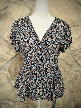 Floral Wrap Peplum Top in Black with Aqua & Peach Flowers NWOT M